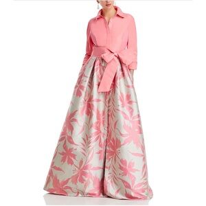 Teri Jon by Rickie Freeman Floral Taffeta Shirt Dress Gown Salmon‎ Pink 4